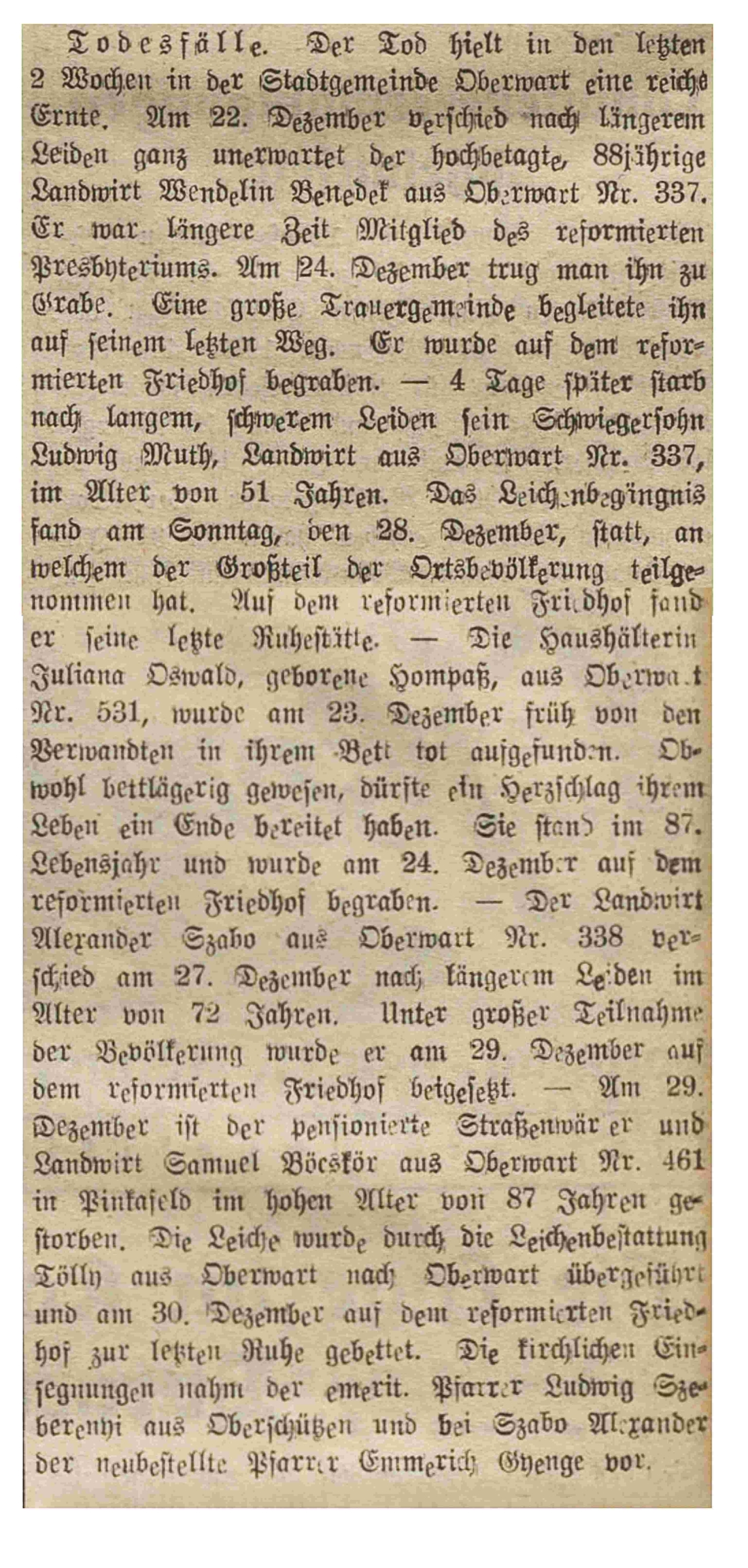 Oberwarter Zeitung vom 11. Jänner 1953: "Reiche Ernte des Todes in der Stadtgemeinde Oberwart"