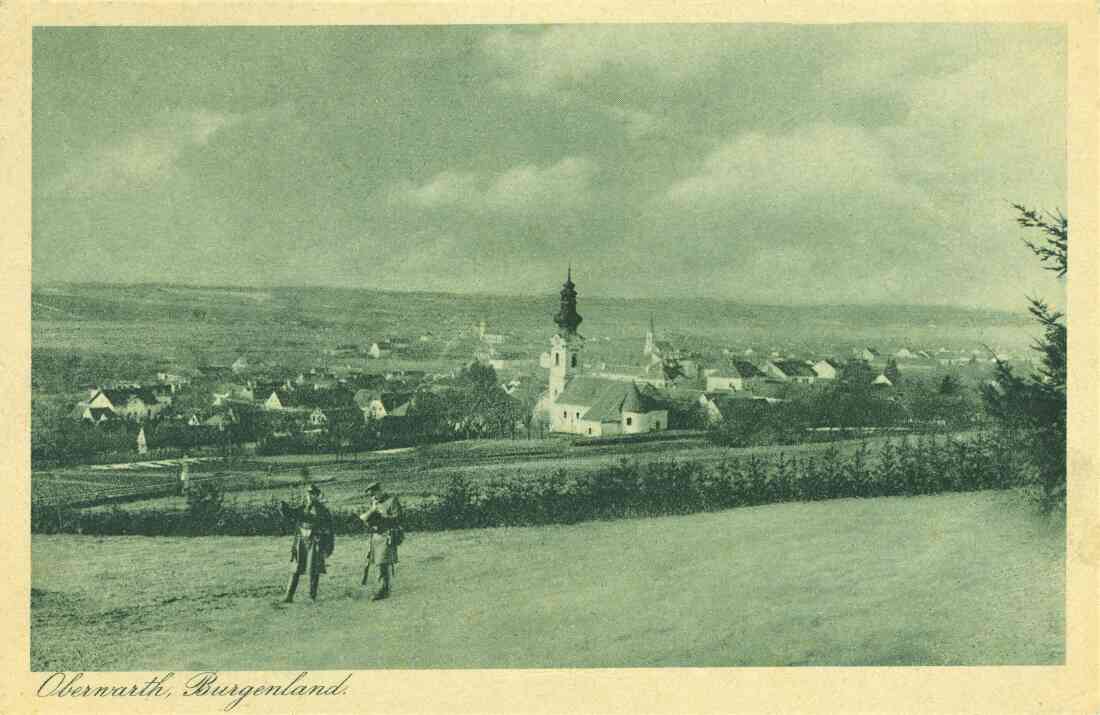 Ansichtskarte: Winterlicher Blick über Oberwart gegen Westen mit den drei Kirchen