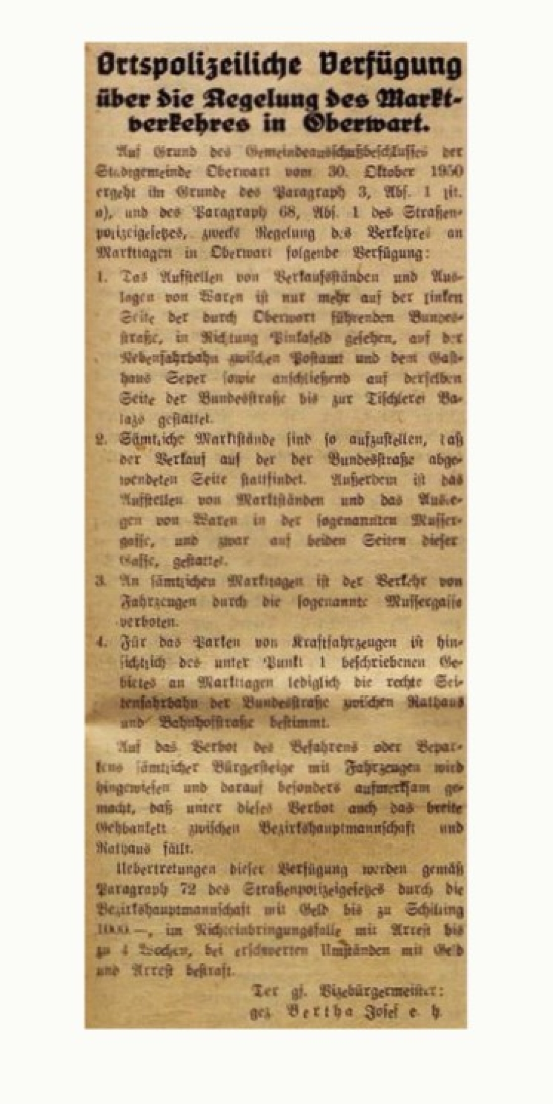 Oberwarter Zeitung vom 12. November 1950: Ortspolizeiliche Verfügung über die Regelung des Marktverkehrs in Oberwart