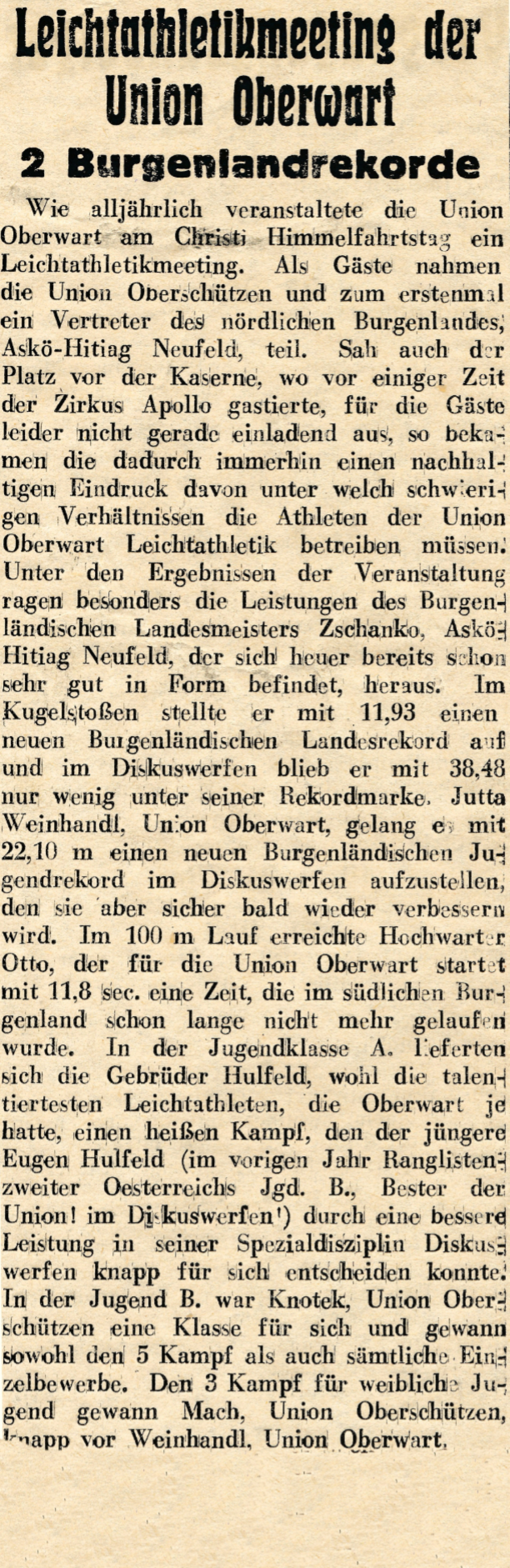 Oberwarter Zeitung vom 27. Mai 1956: Leichtathletikmeeting der Union Oberwart