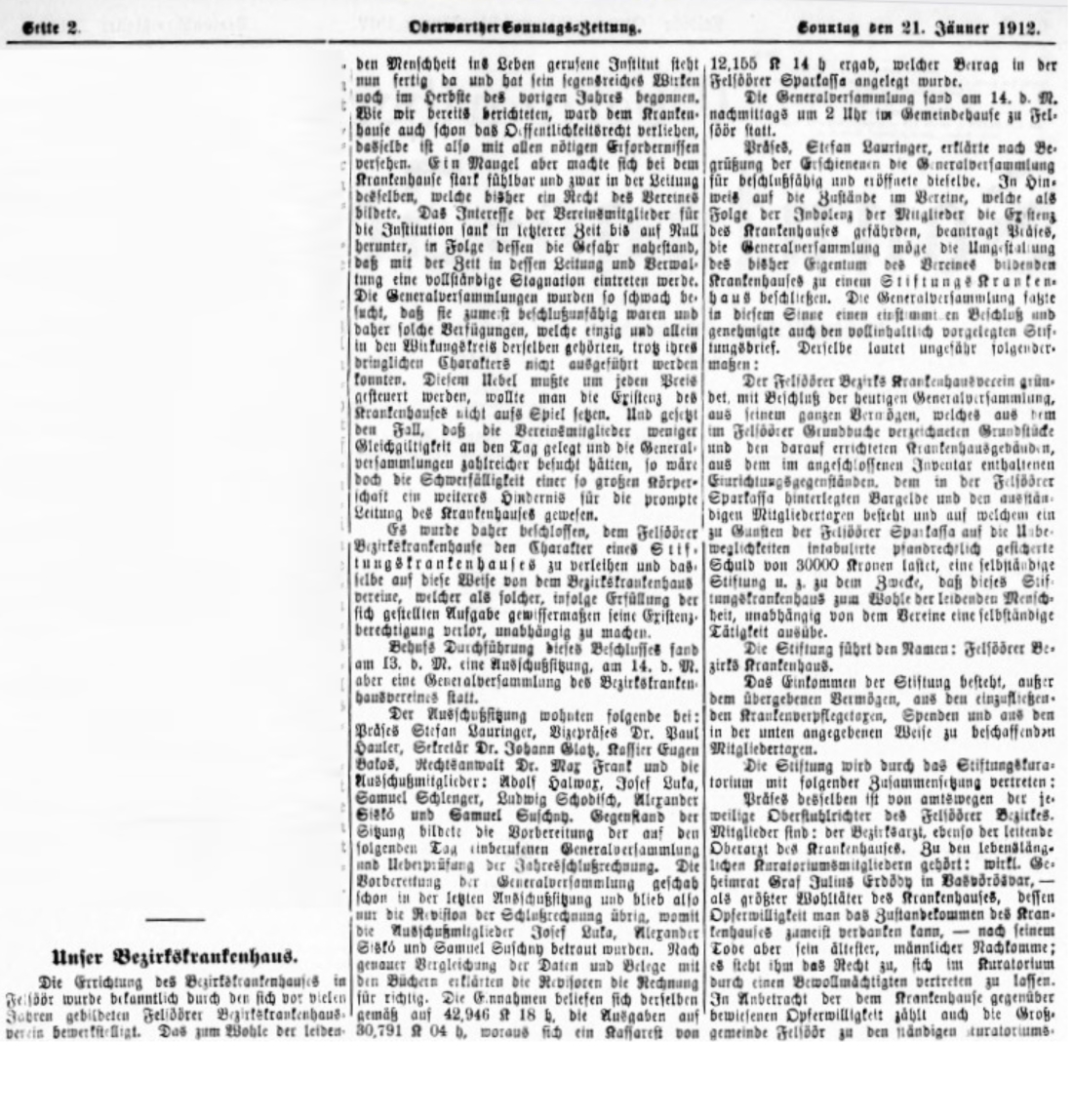 Oberwarther Sonntags-Zeitung vom 21. Jänner 1912: Bericht zum Ablauf der Umwandlung des Bezirkskrankenhauses in das Bezirksstiftungskrankenhaus