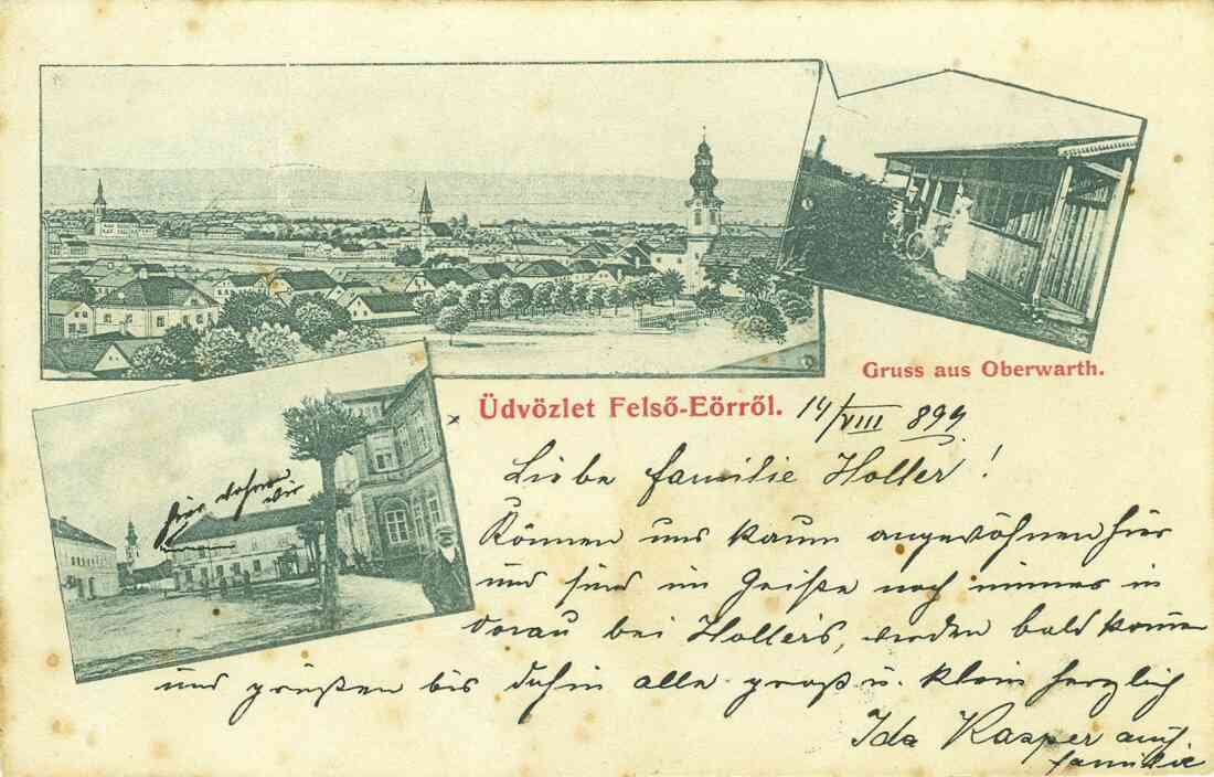 Ansichtskarte: "Üdvözlet Felsö Eörröl" / "Gruss aus Oberwarth" mit Badehaus und Hauptplatz