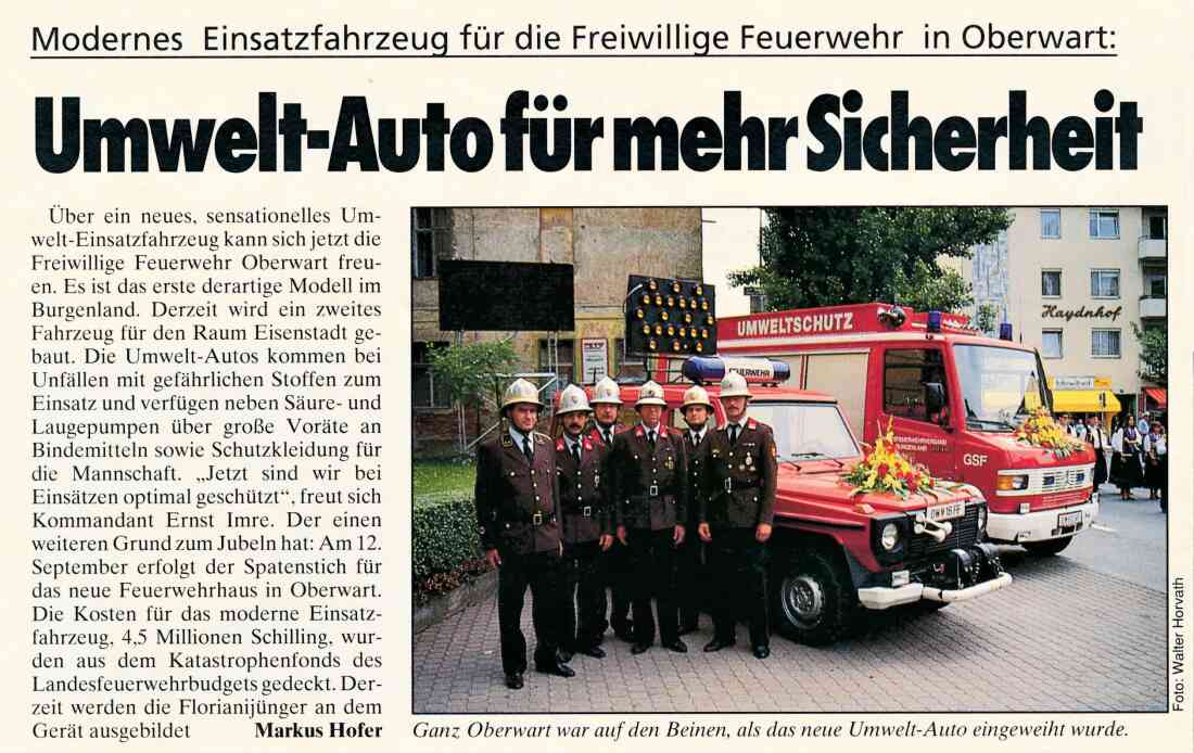 Stadtfeuerwehr: Artikel "110 Jahre FF Oberwart: Übergabe eines Umweltwagens"
