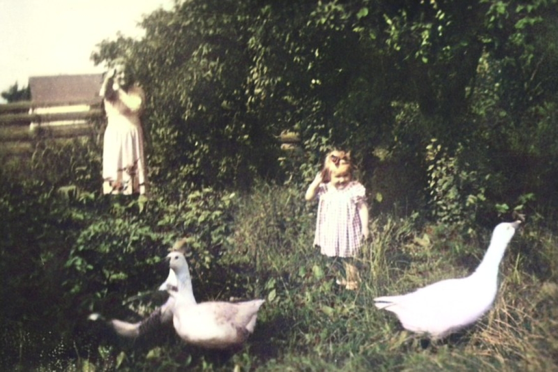 Mutter Maria Tölly mit Tochter Elisabeth und Gänsen im Garten OW 6236 / Eichendorffgasse 3
