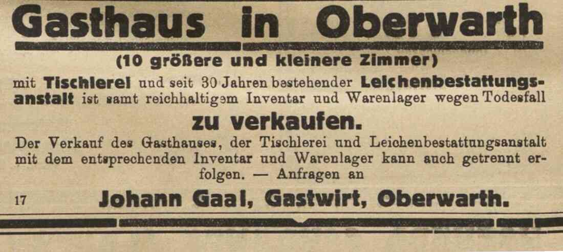 Azeige zum Verkauf des Gasthauses Janos Gaal mit Tischlerei und Leichenbestattung (OW 111 / Steinamangererstraße 24) - später Bestattung Gangoly in der Oberwarther Sonntagszeitung vom 26. Dezember 1926