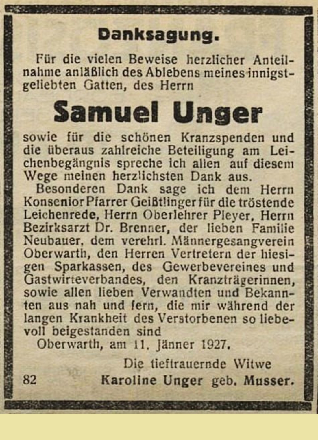 Danksagung in der Oberwarther Sonntags = Zeitung vom 16. Jänner 1927 anlässlich des Ablebens von Samuel Unger (*1857/+1927)