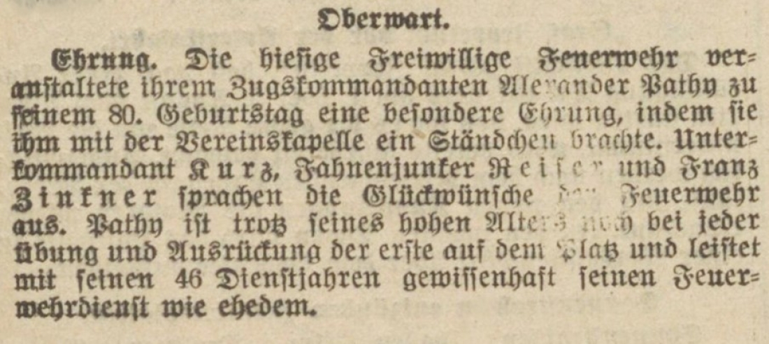 Kurzbericht in der Zeitung "Der Freie Burgenländer" am 28. Juli 1929: Ehrung von Feuerwehrkameraden Alexander Pathy