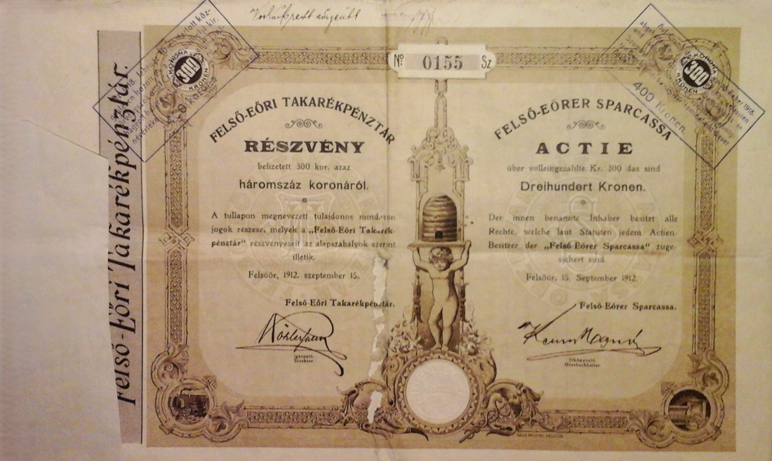 Aktie über 300 Kronen der Oberwarter Allgemeinen Sparkassen-AG, 1912