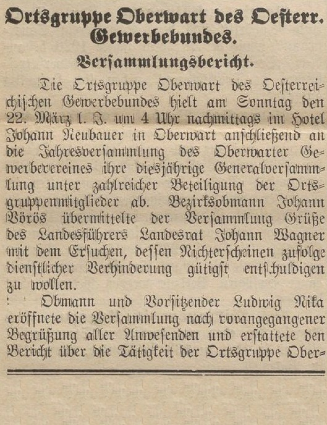 Oberwarther Sonntags-Zeitung vom 29. März 1936: Versammlungsbericht der Ortsgruppe Oberwart des Österreichischen Gewerbebundes
