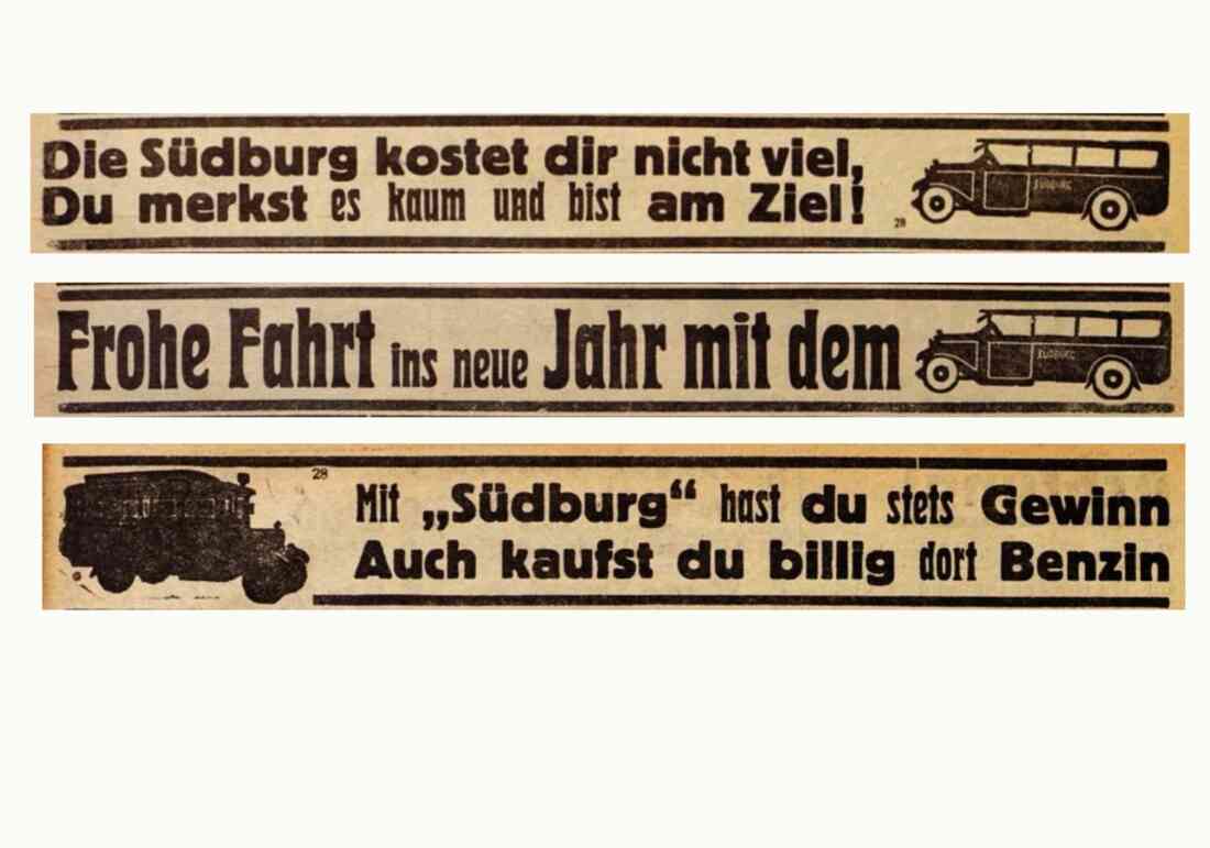 Südburg Werbeanzeigen in Ausgaben der Oberwarther Sonntagszeitung des Jahres 1933