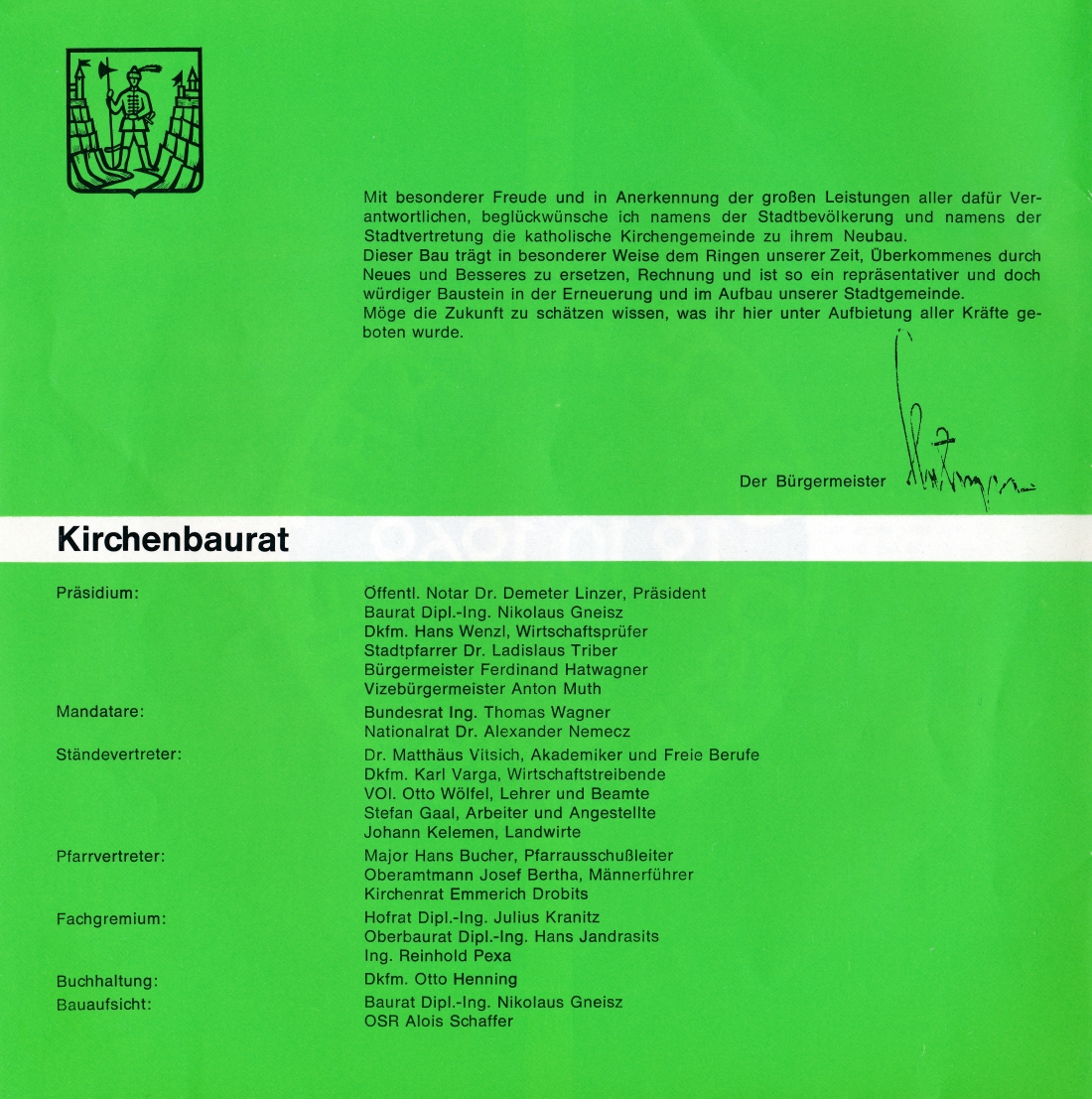 Grußbotschaft von Bgm. Hatvagner und Auflistung des Kirchenbaurates zur Errichtung der röm. kath. Osterkirche