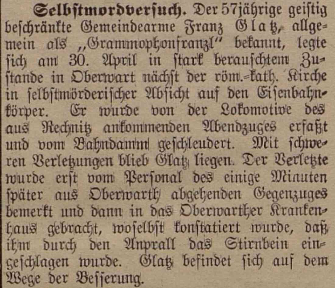 Artikel in der Oberwarther Sonntags-Zeitung vom 7. Mai 1933 über den Selbstmordversuche des "Grammophonfranzls" -  Franz Glatz