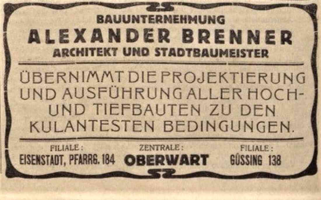 Oberwarther Sonntags-Zeitung vom 6. Mai 1923: Inserat von Alexander Brenner in der Güssinger Zeitung als Oberwarter "Architekt und Stadtbaumeister"
