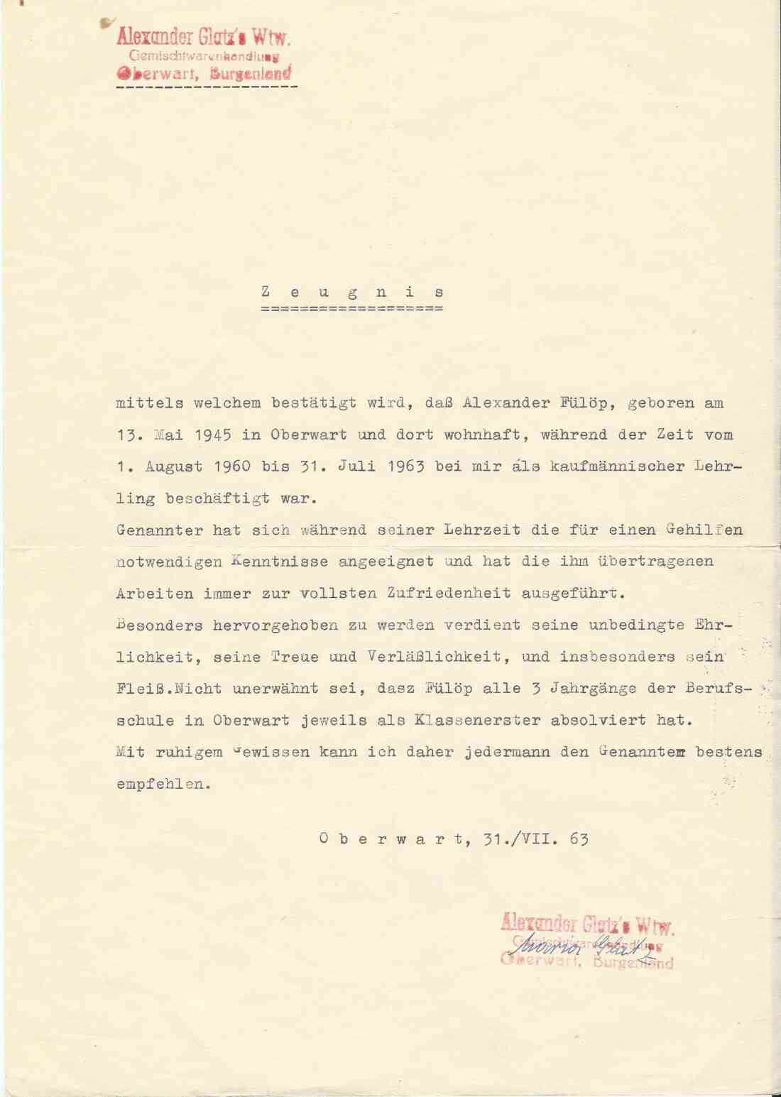 Arbeitszeugnis von Alexander Fülöp (Gemischtwarenhandlung Maria Glatz)