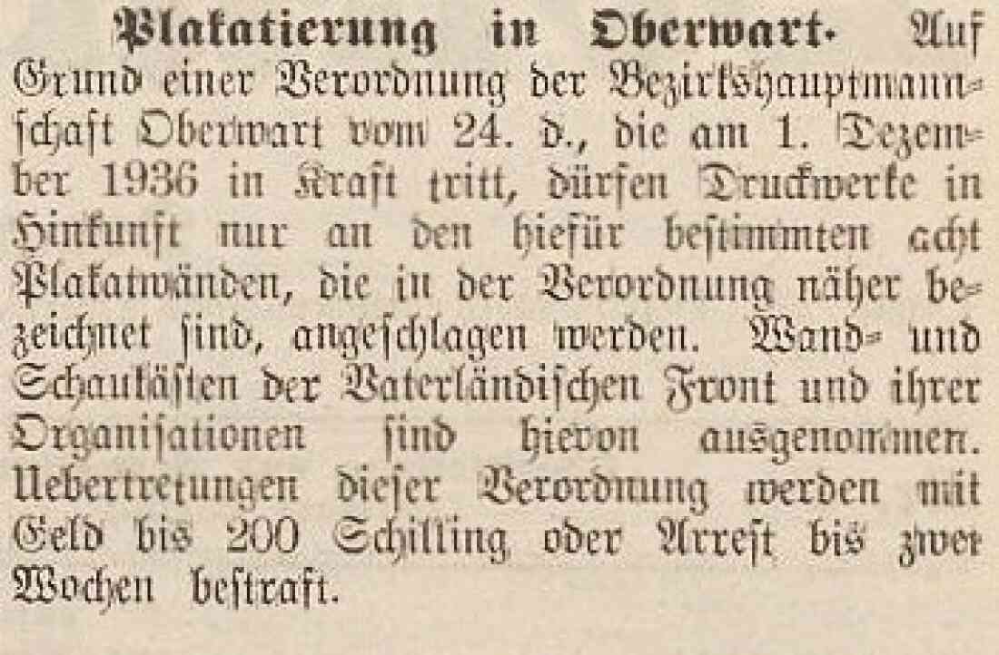 Kurzberich in der Oberwarther - Sonntagszeitung vom 29. November 1936: Plakatierung in Oberwart