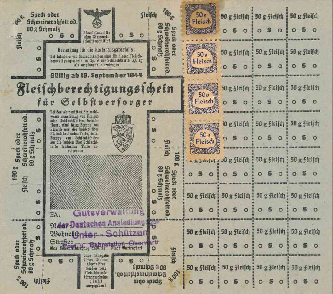 Fleischberechtigungsschein für Selbstversorger - gültig ab 18. September 1944