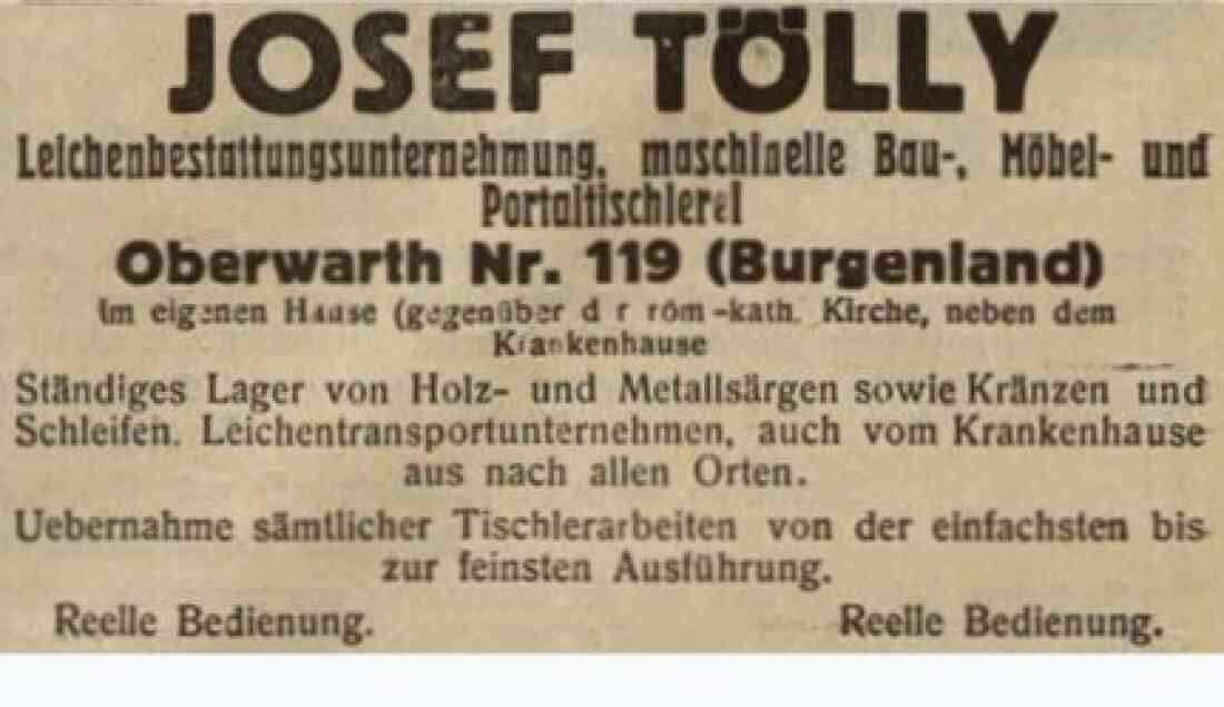 Announce in der Oberwarther - Sonntagszeitung vom  6. Jänner 1929: Josef Tölly - Leichenbestatter, maschinelle Bau-, Möbel- und Portaltischlerei (OW 119b / Steinamangererstraße 12)