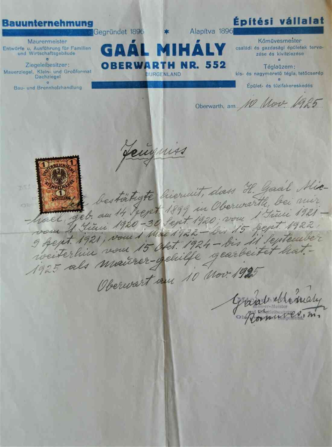 Arbeitsbestätigung für Hrn. Michael Gaál (*1899/+1960)