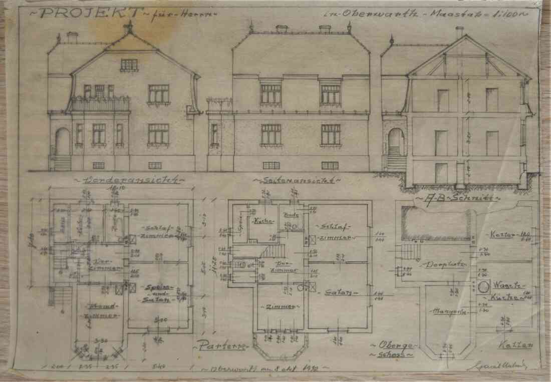 Plan zum Wohnhaus (später auch Ordination) von Zoltán Fischer (heute im Besitz von J. Adorjan - Steinamangererstraße 23) von Baumeister Michael Gaál