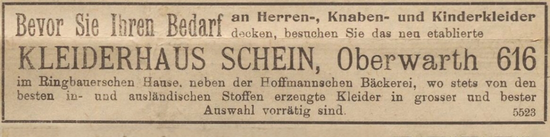 Inserat in der Oberwarther Sonntags = Zeitung vom 8. Oktober 1922: Kleiderhaus Schein - OW 616 / Reichlgasse 6
