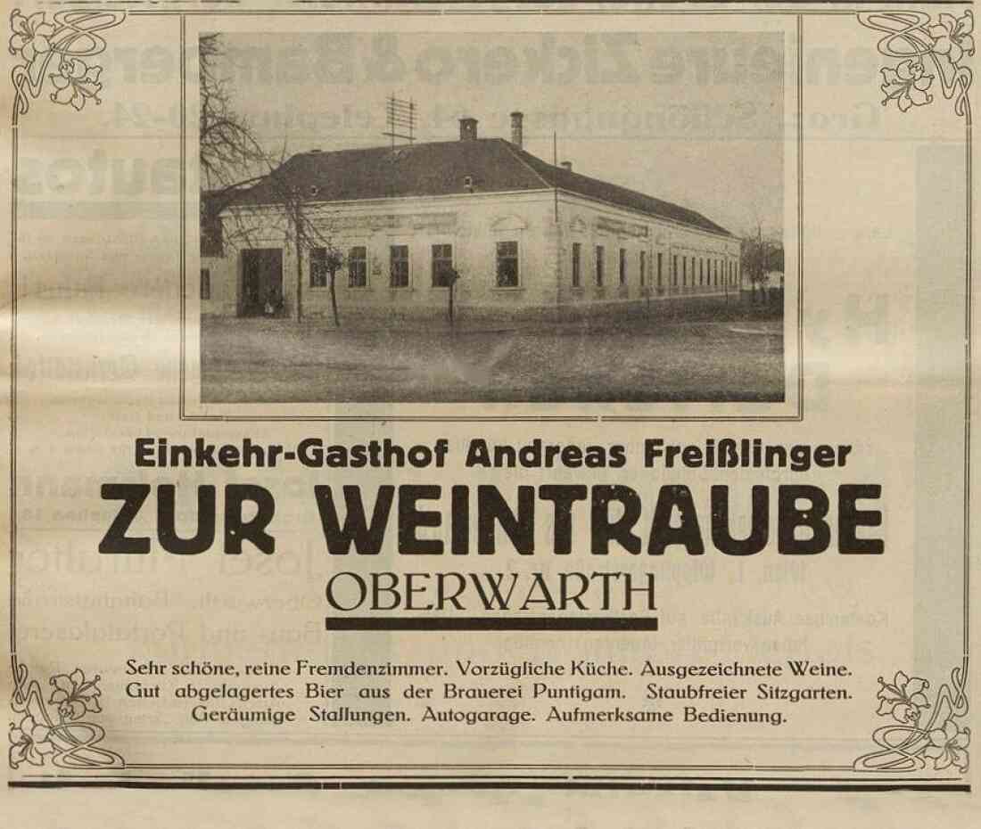 Werbung in der Oberwarther Sonntags-Zeitung vom 6. Jänner 1929 "Einkehr-Gasthaus Andreas Freißlinger - Oberwarth" - (auch Freizslinger-Freisslinger-Freislinger)