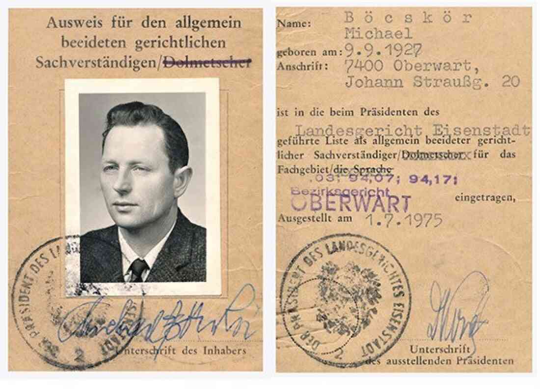 Ausweis als gerichtlicher Sachverständiger von Michael Böcskör (*1927/+1996) - Johann Straußgasse 20