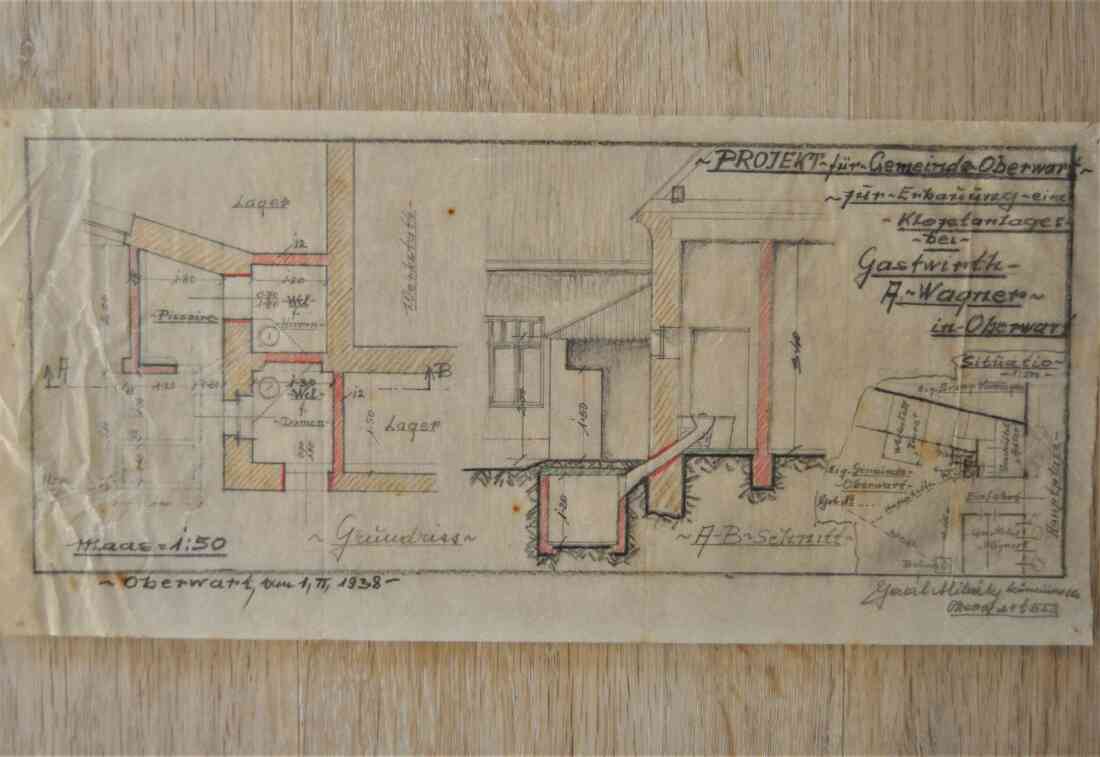 Entwurf/Plan für eine öffentliche WC-Anlage / Bereich Gasthaus Wagner (Hauptplatz 8) - Verfasser Baumeister Michael Gaál