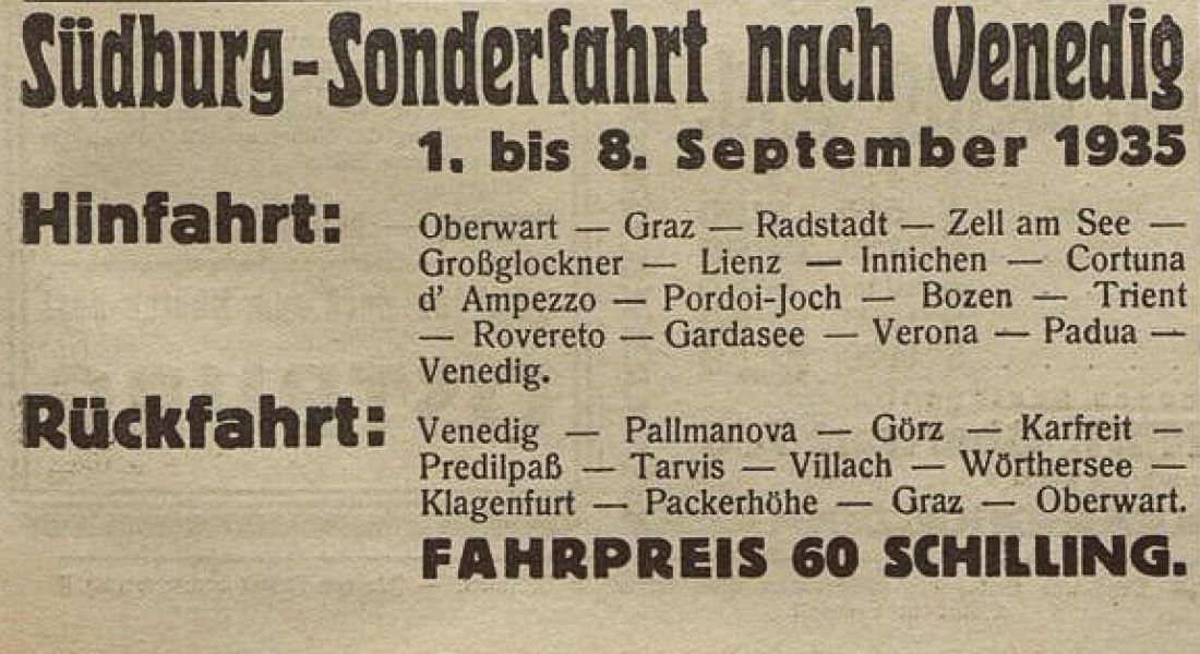 Announce in der Oberwarther Sonntags = Zeitung: Südburg - Sonderfahrt nach Venedig