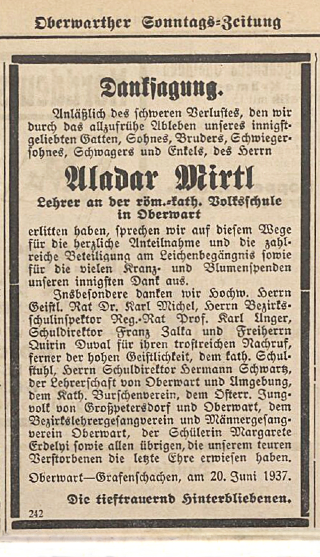 Danksagung anlässlich des Ablebens des röm. kath. Lehrers Aladar Mirtl (*1910/+1937) in der Oberwarther Sonntag = Zeitung vom 27. Juni 1937