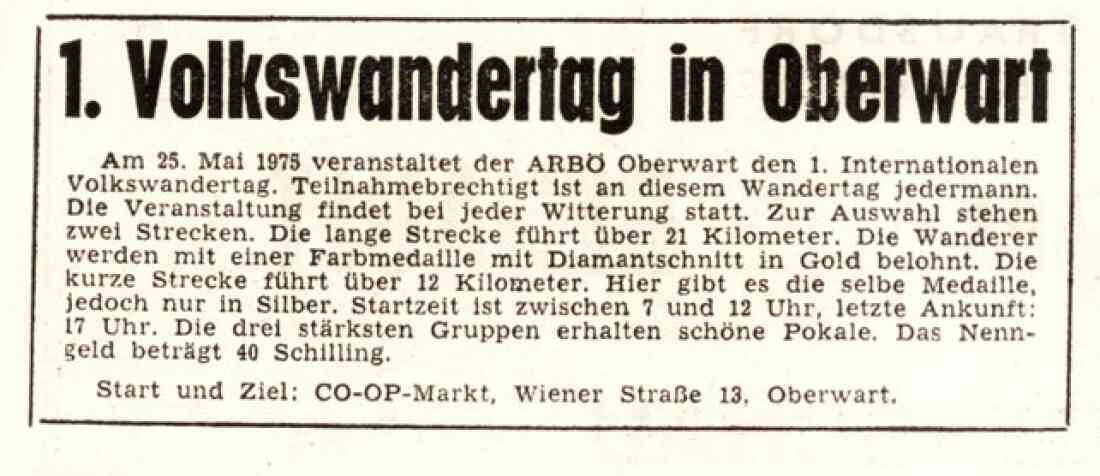 BF vom 22. Mai 1975: Ankündigung des 1. ARBÖ-Volkswandertags in Oberwart