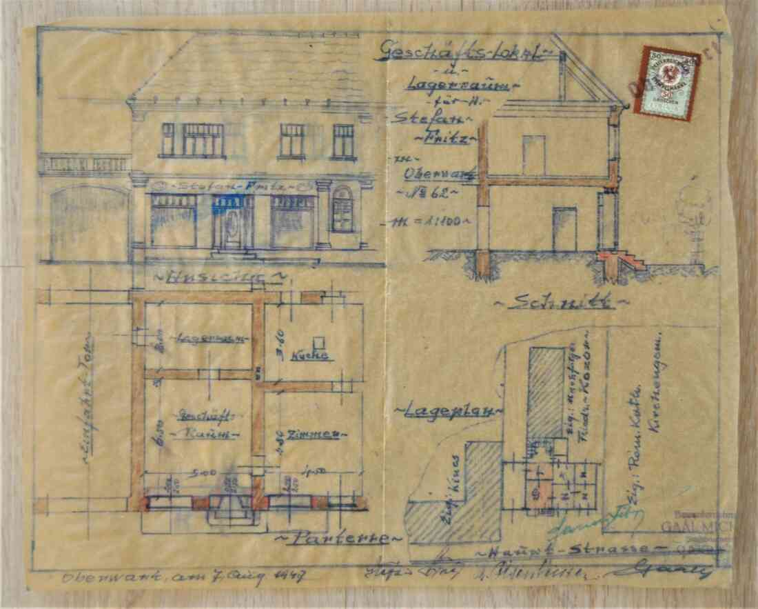 Plan zum Kauf- und Wohnhaus Stefan Fritz (Saatenhaus - Steinamangererstraße 7) von Baumeister Michael Gaál
