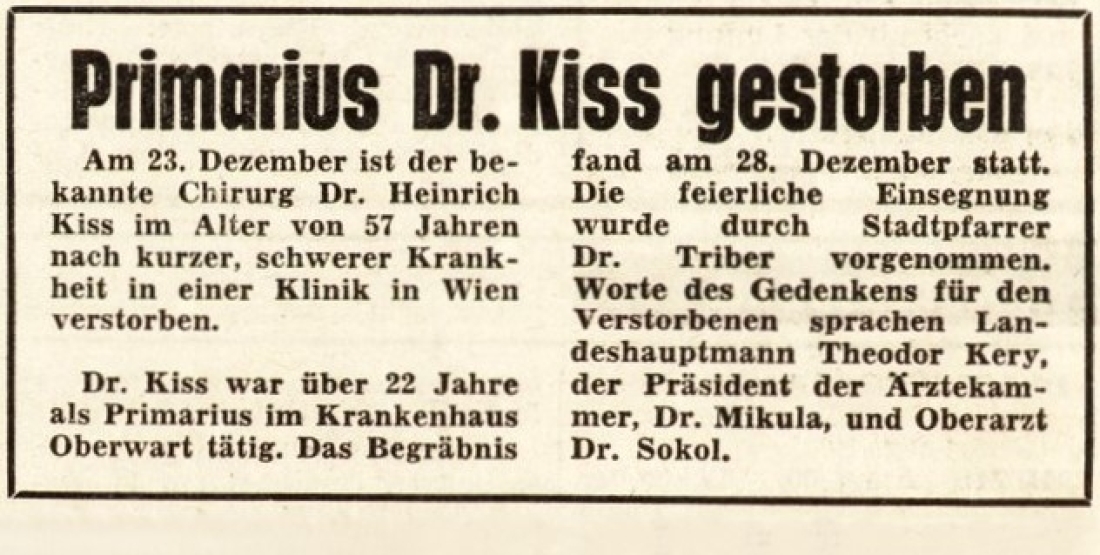 Bericht in der BF vom 2. Jänner 1970 zum frühen Tod von Prim. Dr. Heinrich Kiss