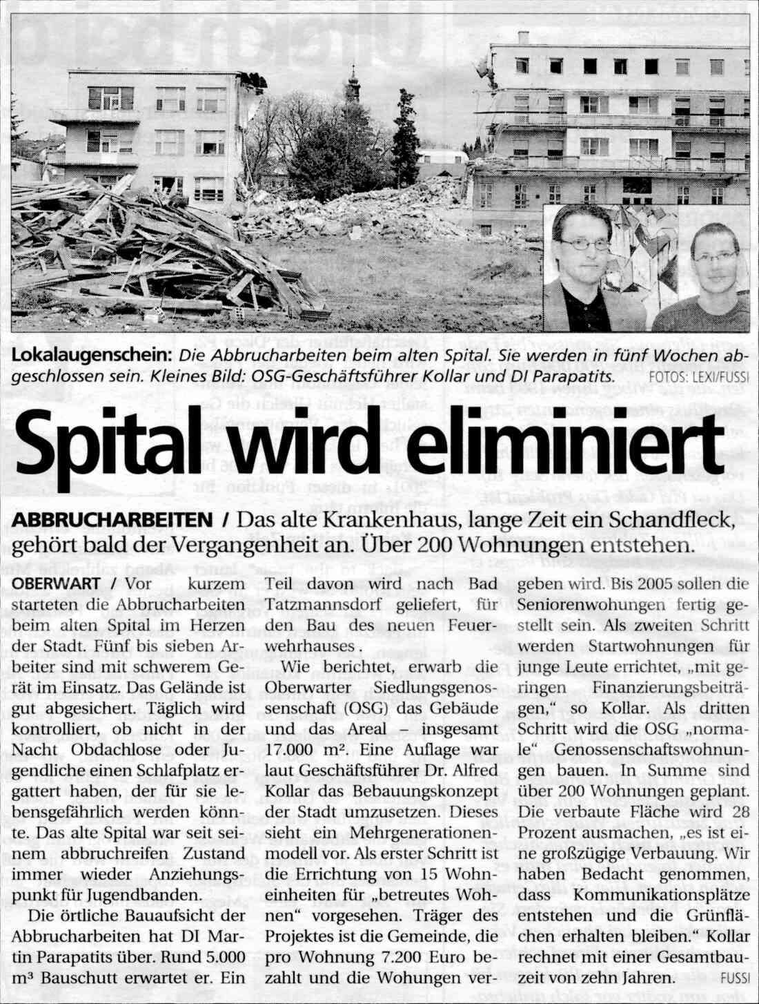 Artikel vom 14. April 2004 in der BVZ zum Abbriss des Alten Krankenhauses