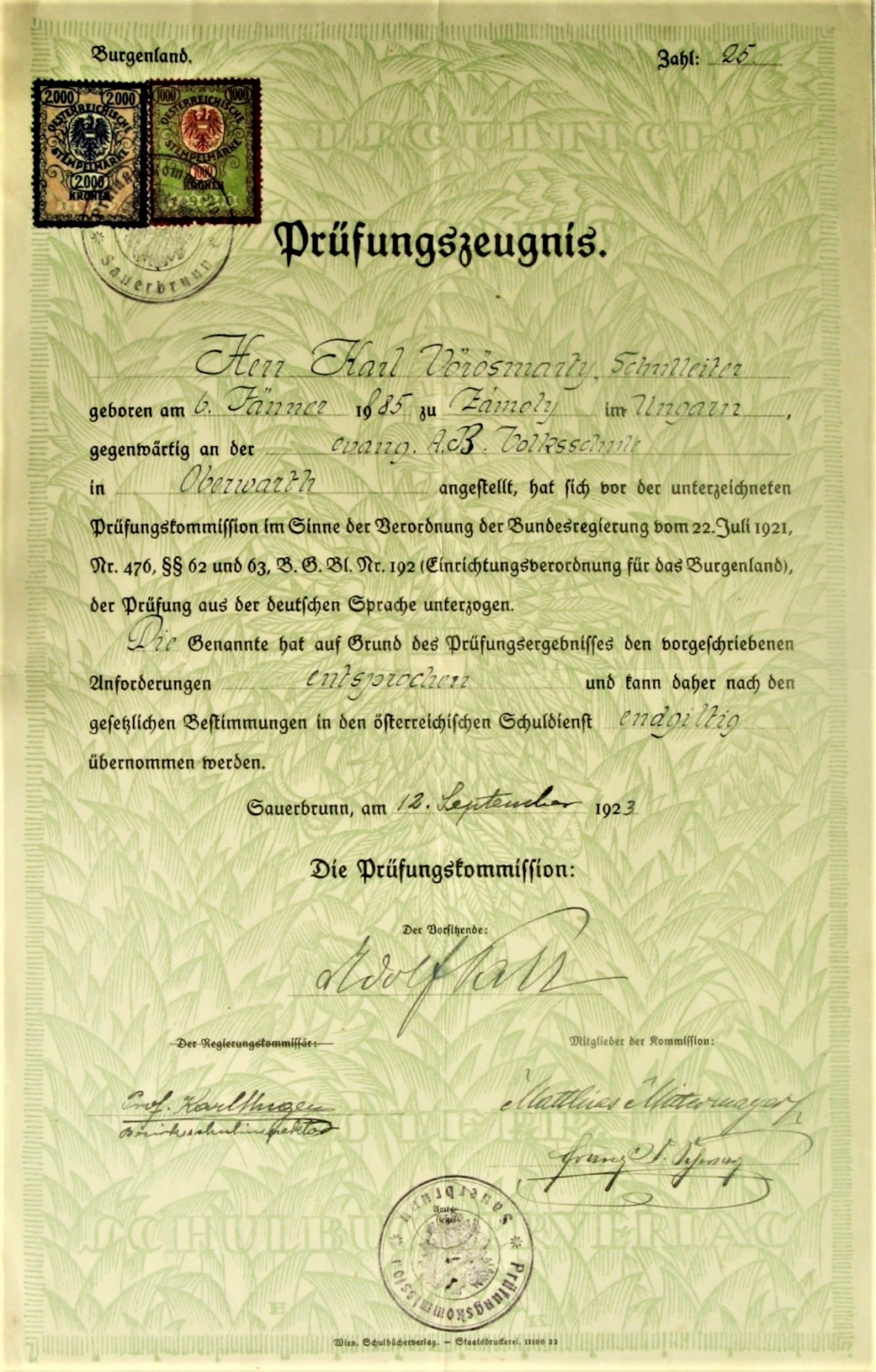 Prüfzungszeugnis Karl Vörösmarty (*1885 /+1951) - Lehrer und Schulleiter an der reformierten Schule