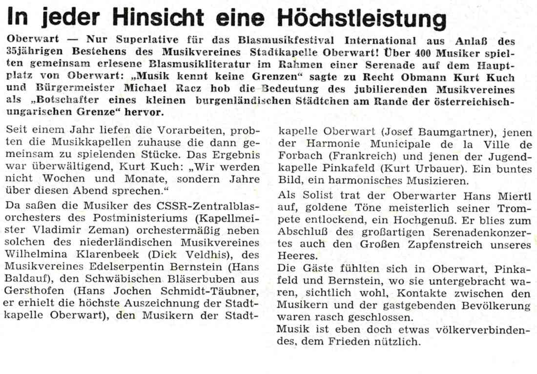 Stadtkapelle: Artikel anlässlich des Blasmusikfestes International 1986