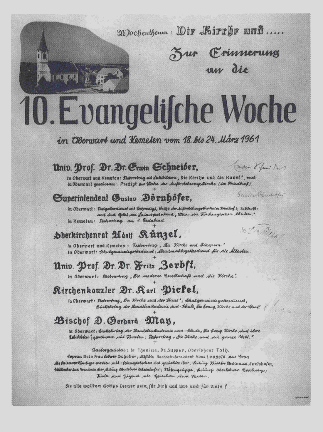 Erinnerungurkunde an die 10. Evang. Woche der evang. Pfarrgemeinde AB im Jahre 1961 zum Wochenthema "Die Kirche und ...."