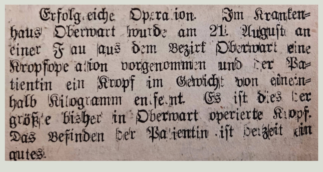 Bericht über eine "Erfolgreiche Kropfoperation" in der Oberwarter Zeitung vom 15. März 1953