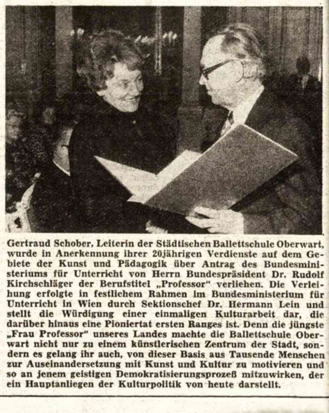 Bericht in der BF vom 8. Feber 1978 - Balllettschule: Verleihung des Professorentitels an Gertraud Schober