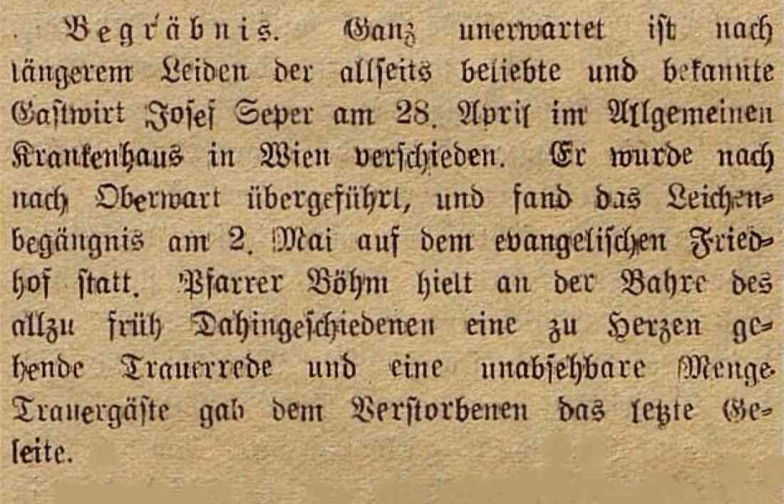 Bericht in der Oberwarter Zeitung vom 7. Mai 1950 zum Tod von Gastwirt Josef Seper (*1903/+1950)