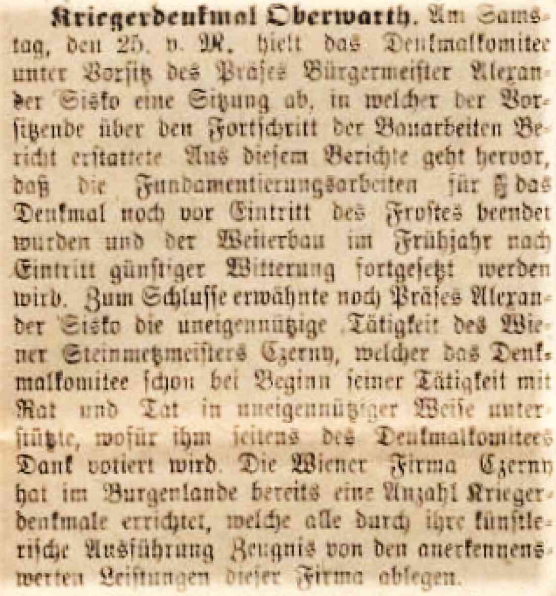 Artikel in der Oberwarther Sonntags-Zeitung vom 3. Dezember 1922 zum Bau des Kriegerdenkmals