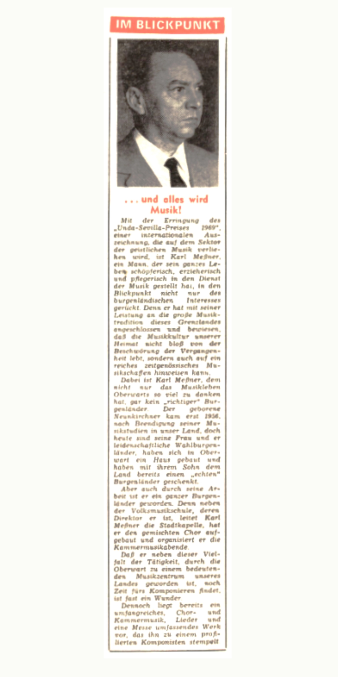 Artikl in der BF vom 22. Mai 1969 zum Gewinn eines Kompositionspreises von Karl Messner - "Unda-Sevilla-Preis 1969"