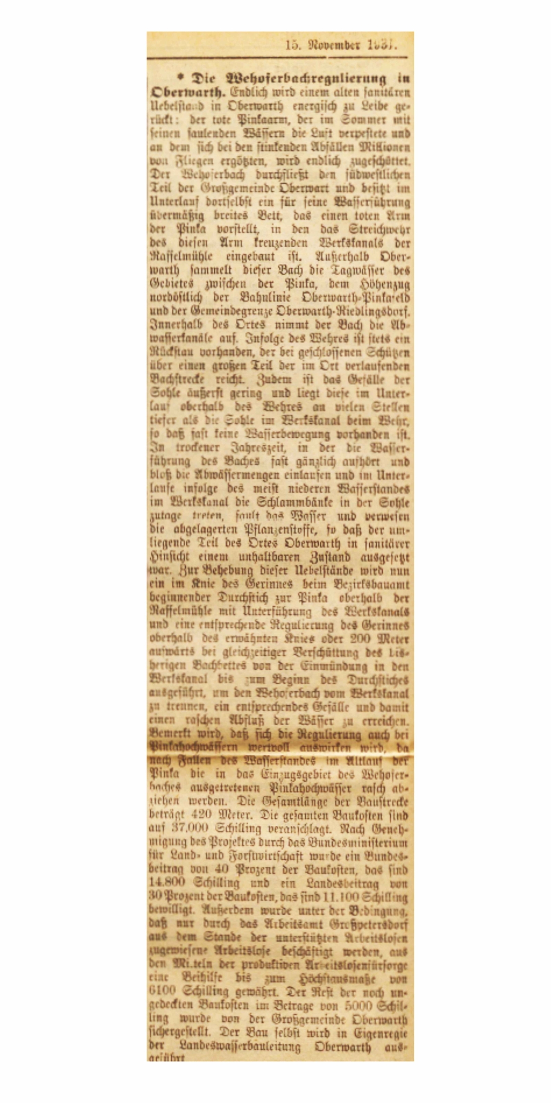 Oberwarther Sonntags = Zeitung: Artikel zur geplanten Wehoferbachregulierung 1931