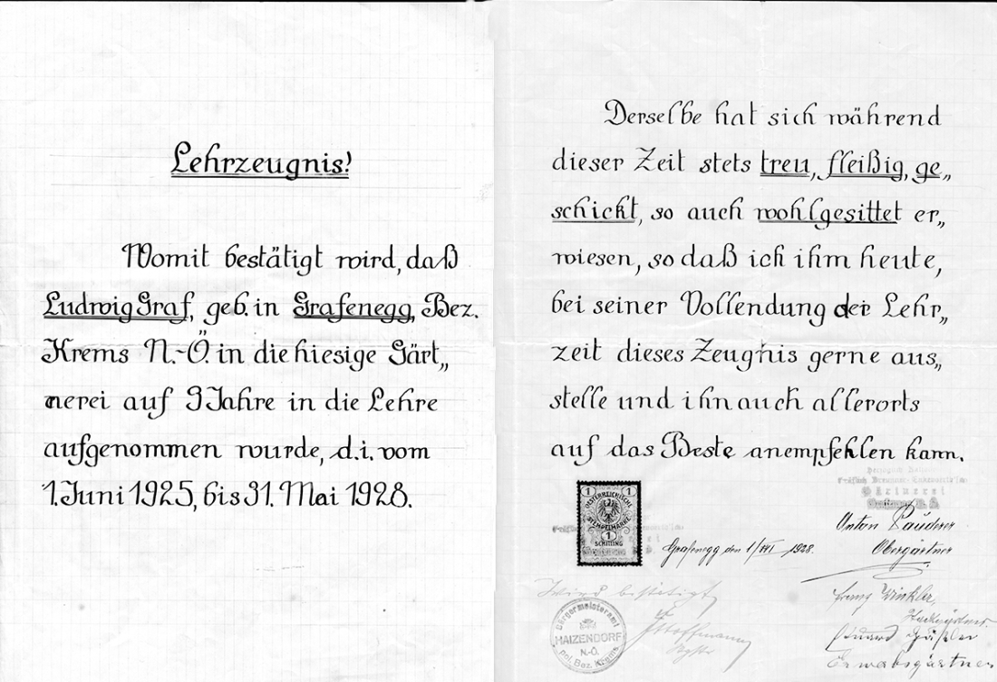 Gärtnerei Hanusch-Graf (Steinamangererstraße 36b): Lehrzeugnis von Ludwig Graf
