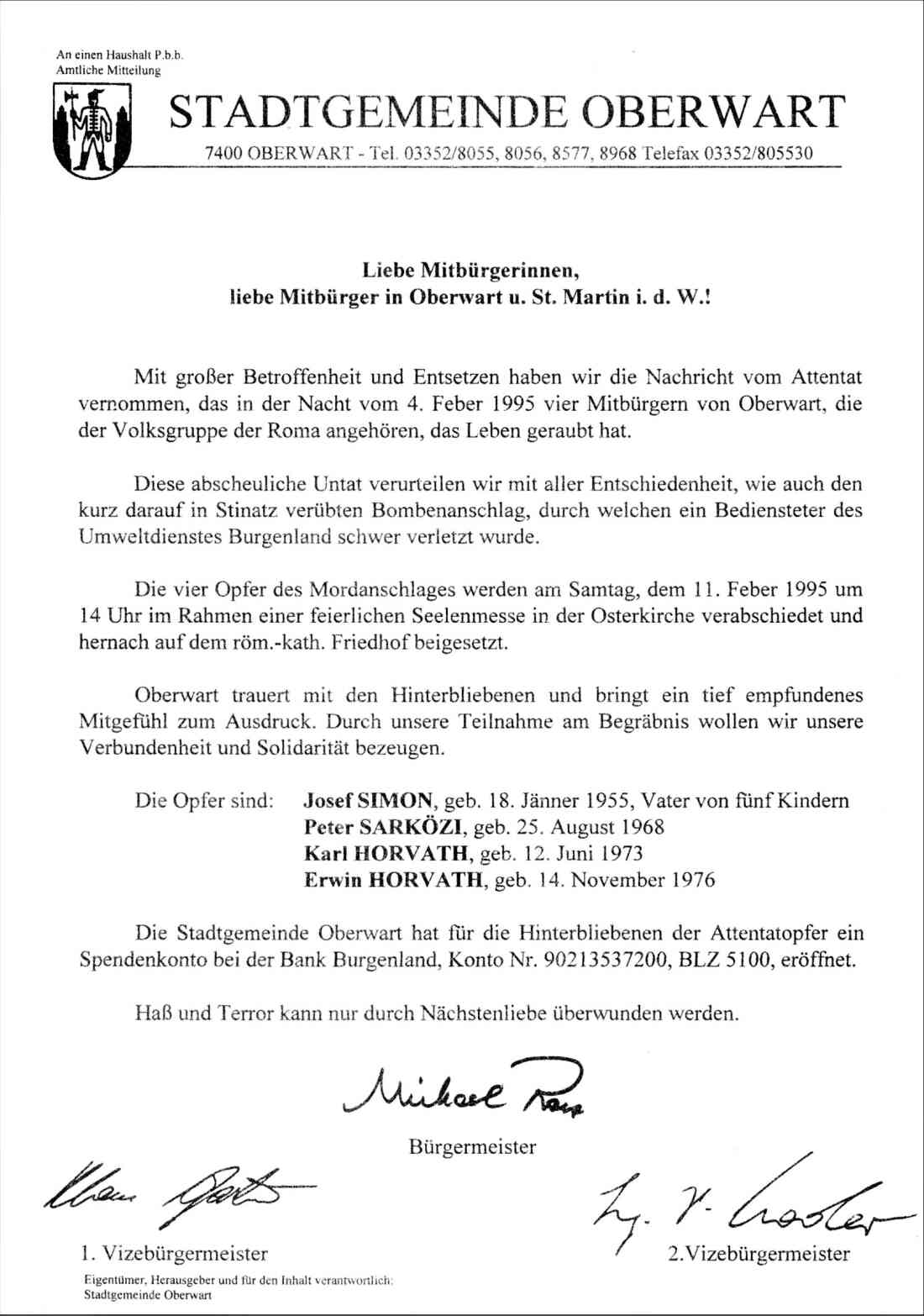 Amtliche Mitteilung der Stadtgemeinde anlässlich des Romaattentats