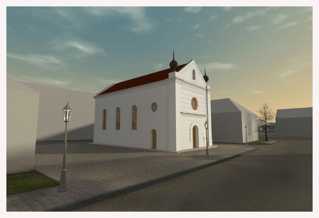 Jüdische Gemeinde: Außenansicht der Synagoge - Virtuelle Rekonstruktion von Simon Hosemann // Geschichte der jüdischen Gemeinde