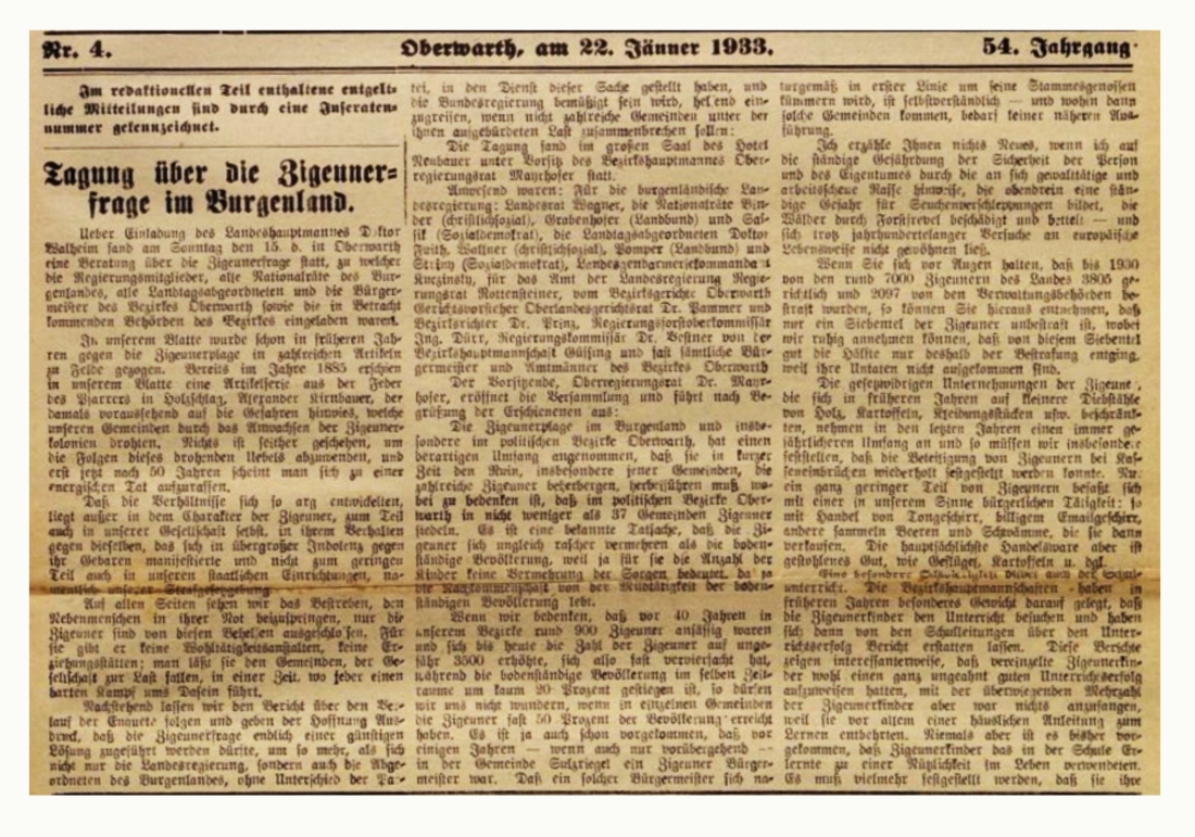 Roma - Zigeunerkonferenz: Artikel in der Oberwarther Sonntags = Zeitung vom 22. Jänner 1933 zur "Tagung über die Zigeunerfrage im Burgenland""