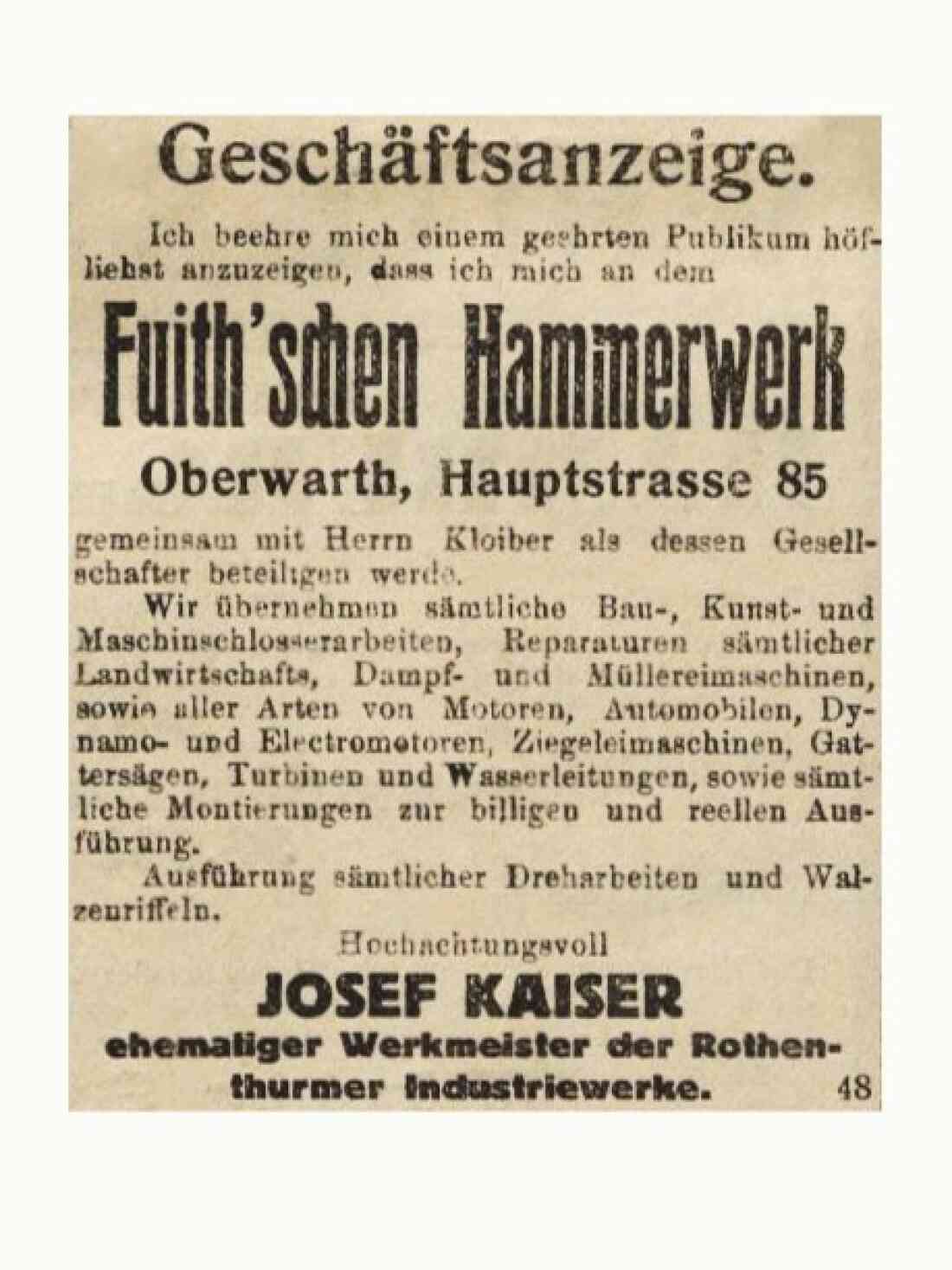 Geschäftsanzeige in der Oberwarther Sonntags-Zeitung vom 13. Jänner 1924 von Josef Kaiser "Fuith`sches Hammerwerk" (Steinamangererstraße 60)