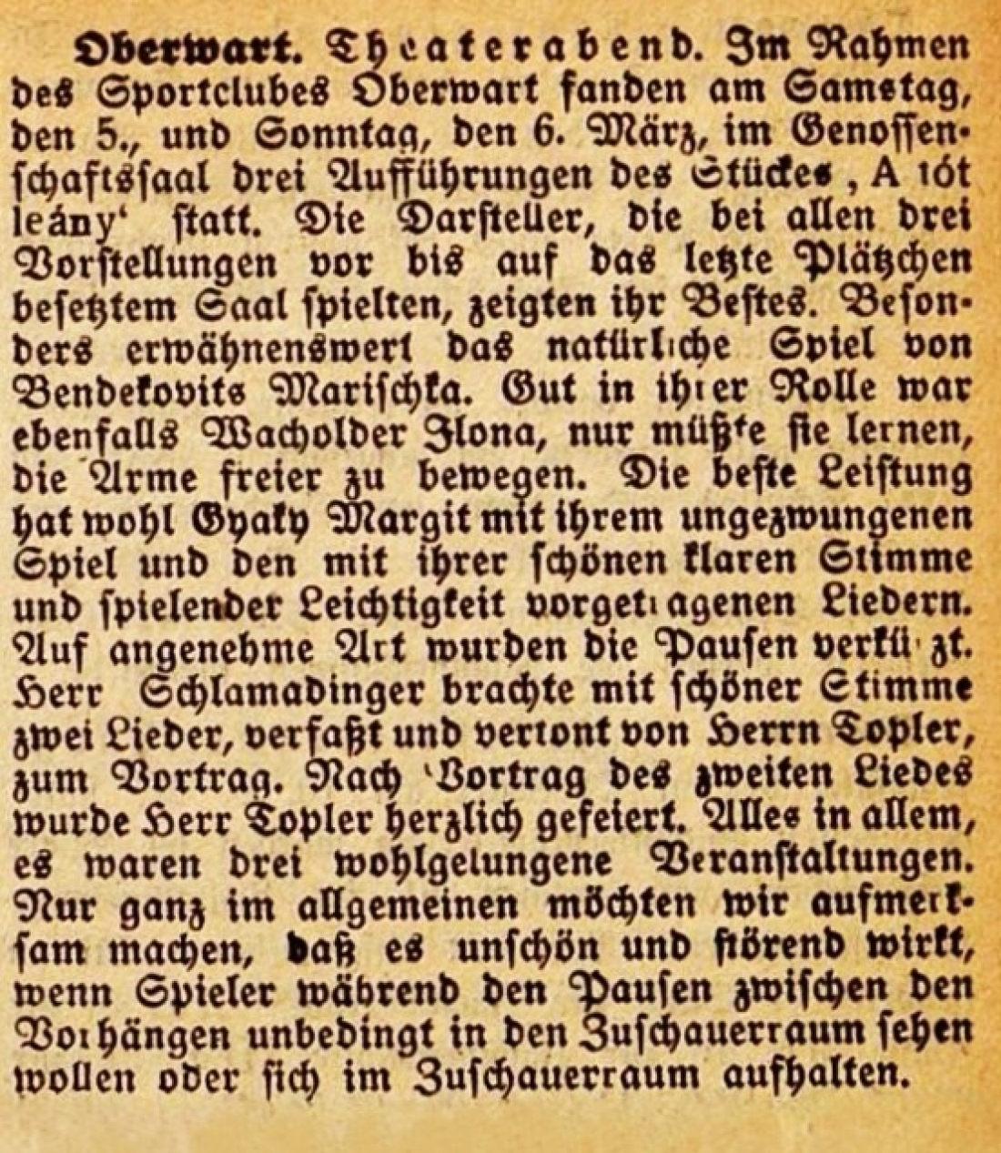 Bericht über einen Theaterabend im Genossenschaftssaal in der Oberwarter Zeitung vom 20. März 1949