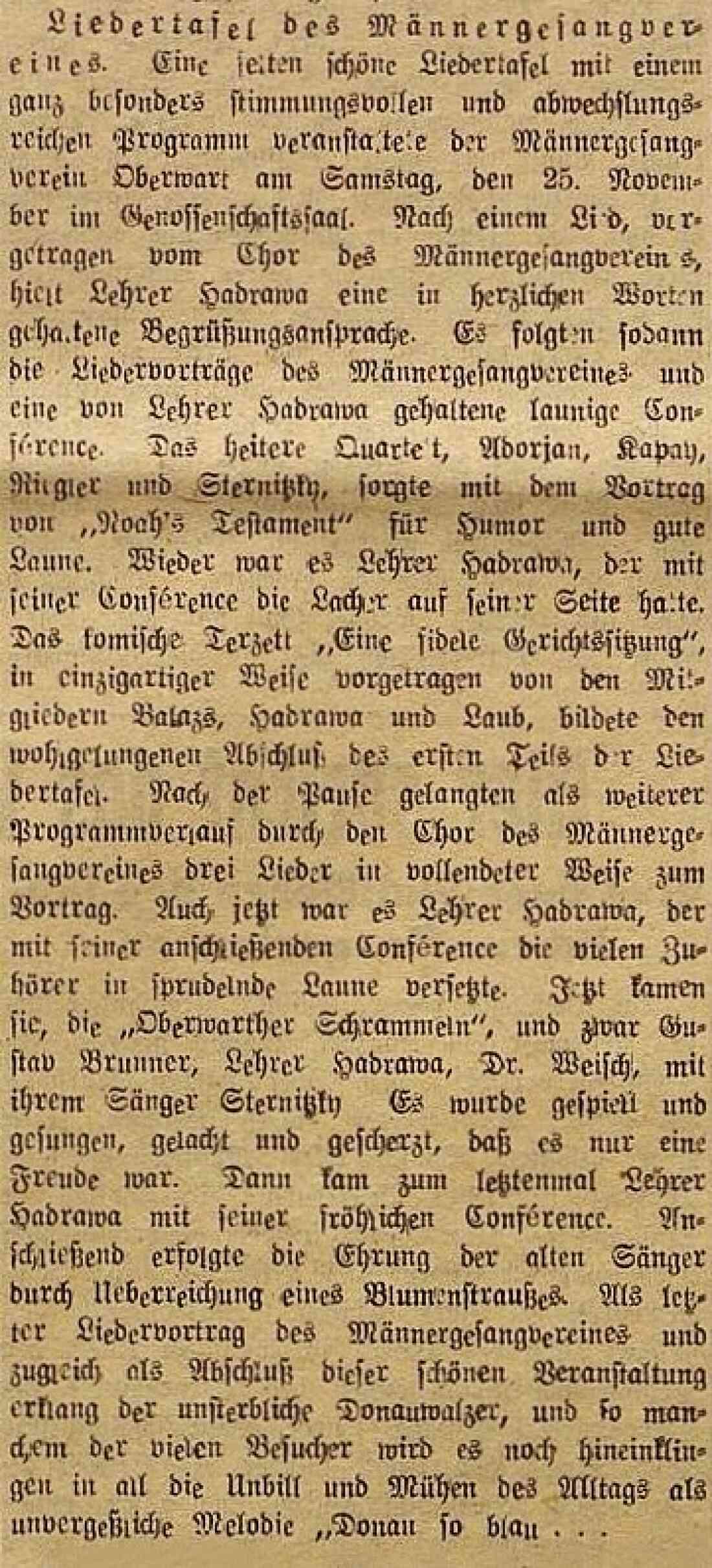 Bericht in der Oberwarter Zeitung vom 8. Dezember 1950 über eine "Liedertafel" des Männergesangvereins