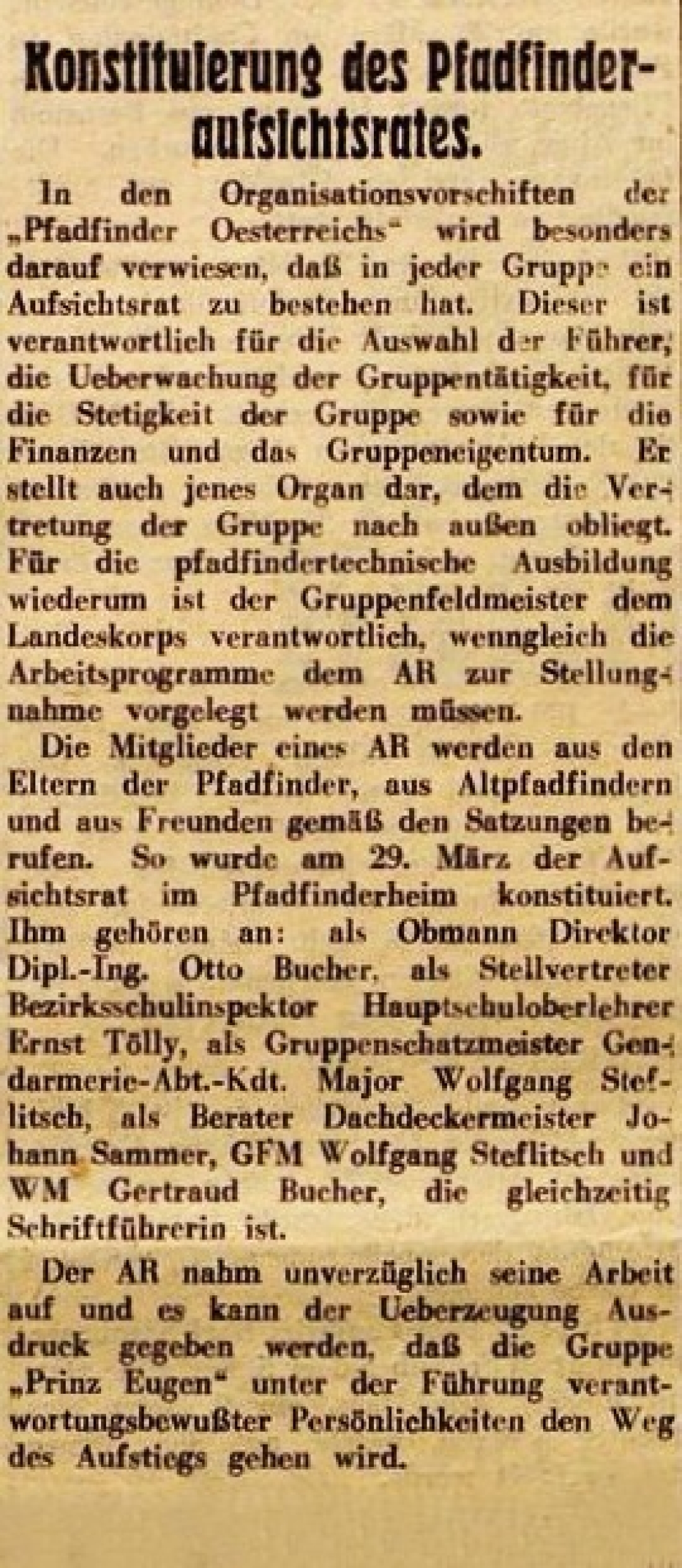 Die Oberwarter Zeitung vom 4. April 1954 berichtet über die "Konstituierung des Pfadfinderaufsichtsrates in Oberwart"